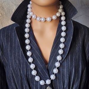 Big Pearl Long Double Link Faux Vintage Classic White Pearl Necklace